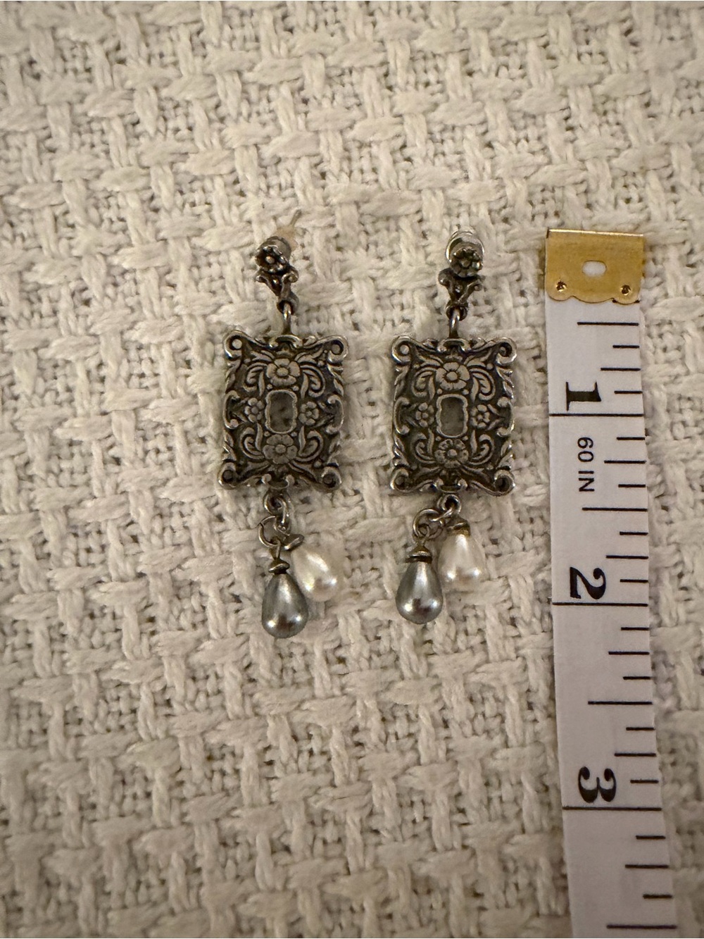 Vintage Pier 1 Silver Filigree Drop Earrings with Pearl Teardrops
